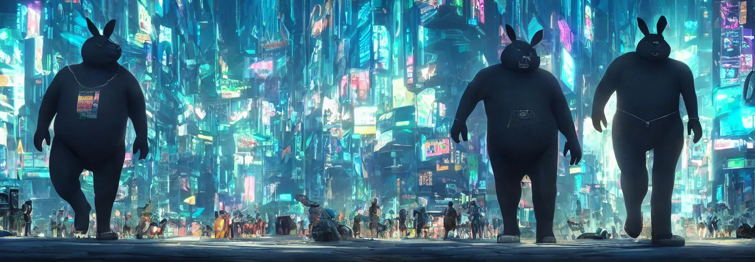 Image similar to photo of big chungus roaming in a cyberpunk futuristic city