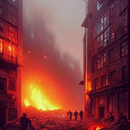 Image similar to city of munich destroyed by a meteor!!!, rubble!!, fires!!, jewish bankers running away in panic!!!, hyperrealistic, highly detailed, cinematic, foggy light from fires, beautiful, cgssociety, artstation, 8 k, oil painting by greg rutkowski, by artgerm, by wlop