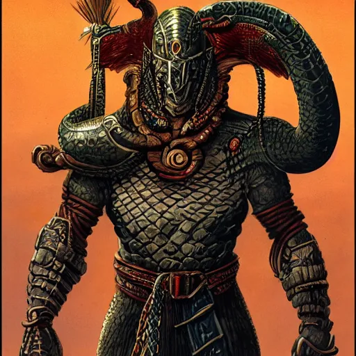 Prompt: serpent - man warlord wearing bronze age plate armor, horrific background symmetrical, zoom out, high quality, high definition, 8 k, photograph photorealistic by frank frazetta