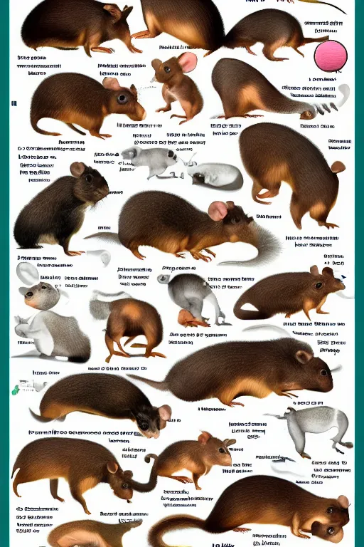 Prompt: breeds of rodents, infographic of new species of large rodent that come in new colors for pet owners, rodent morphs, rodent races, comparisons of different rodents, detailed scientific illustration