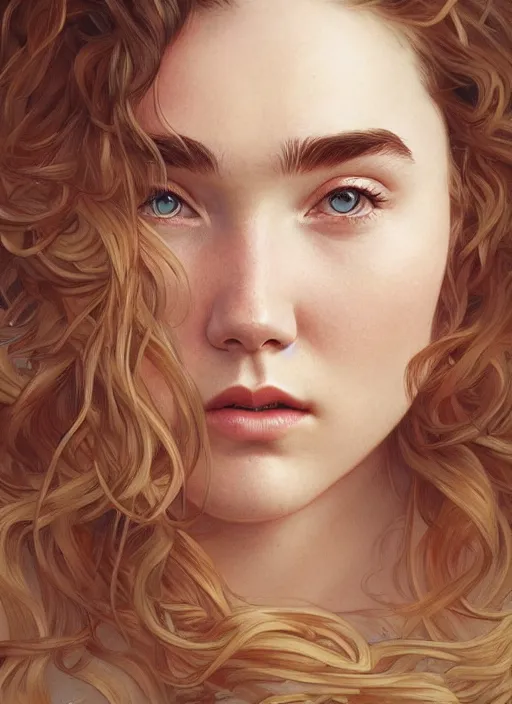 Image similar to beautiful head and shoulders portrait of florence pugh, casual clothing, intricate, elegant, highly detailed, digital painting, beautiful highly detailed face, artstation, concept art, smooth, sharp, focus, illustration, art by artgerm and greg rutkowski and alphonse mucha