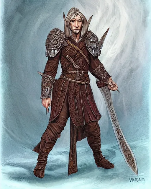 Image similar to full face and body D&D character art illustration of a elven magus fighter, by Wayne Reynolds.