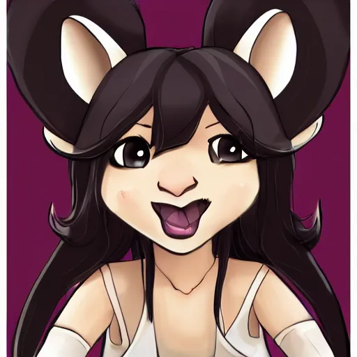 Image similar to headshot of young female furry, maple story, cute, fantasy, intricate, long hair, dark grey skin, mouse face, maplestory mouse, dark skin, mouse head, mouse ears, black hair, elegant, cartoony, Deviantart, artstation, character art of maple story, smooth, sharp focus, illustration, art by Diives