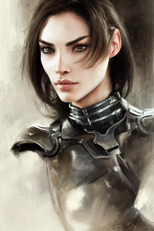 Image similar to a finely detailed portrait of an attractive young woman, clothed in military armor, olive skin, long dark hair, beautiful bone structure, symmetrical facial features, intricate, elegant, digital painting, trending on Artstation, concept art, smooth, sharp focus, illustration, from Metal Gear by Ruan Jia and Mandy Jurgens and Artgerm and William-Adolphe Bouguerea, award winning