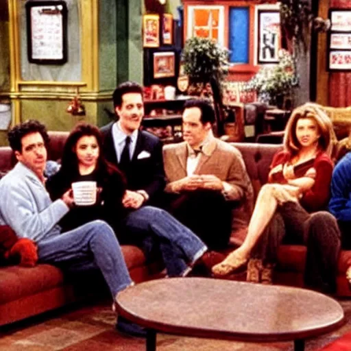 Prompt: photo of the seinfeld cast sitting in the central perk coffee shop from friends, 9 0 s tv promotional image