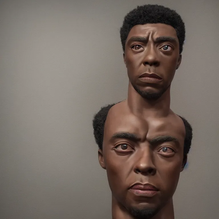 Image similar to beautiful studio photograph of colorful postmodern portrait sculpture of chadwick boseman disappointed, beautiful symmetrical face accurate face detailed face realistic proportions, made of spray - painted polymer clay on a pedestal by ron mueck and matthew barney and greg rutkowski, hysterical realism intense cinematic lighting shocking detail 8 k