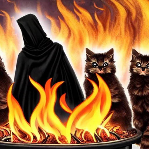 Prompt: a cult of black cloak wearing kittens summon a fire goddess from the depths of a raging fire pit, flames are emerging from fissures in the ground.