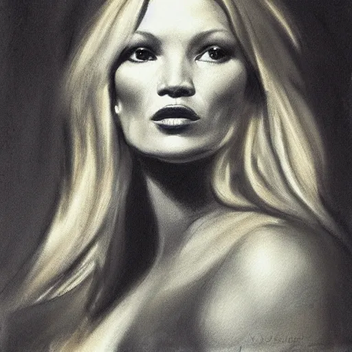 Prompt: charcoal portrait of kate moss by john singer sargent