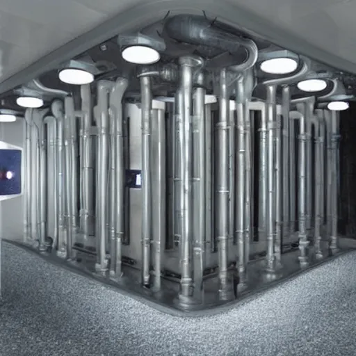 Image similar to A Star Trek transporter room in the style of Alien (1979), with dripping pipes.