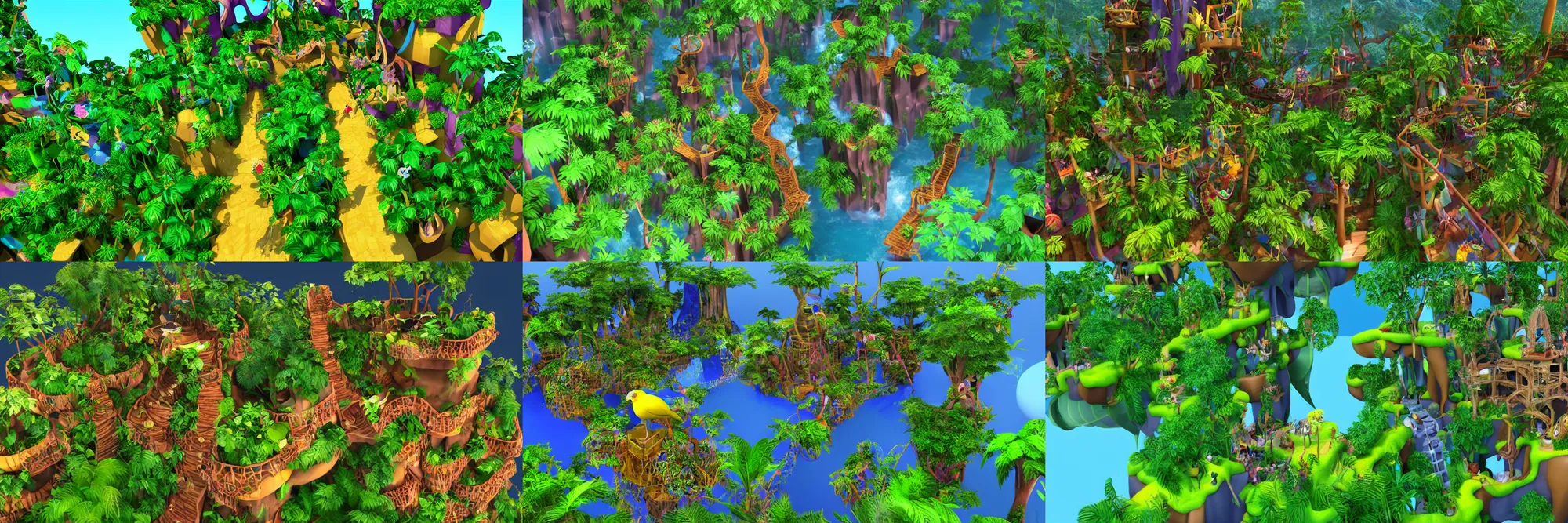 Prompt: the tangled jungle level design, bird's eye view 3D render N64