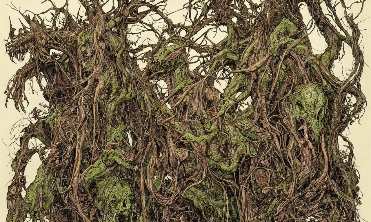 Image similar to hyperdetailed art nouveau portrait of treebeard and old groot as a cthulhu eyeball moose skull wendigo swamp thing creatures, by michael kaluta, pushead and bill sienkiewicz, photorealism, claws, skeleton, antlers, fangs, forest, wild, bizarre, scary, lynn varley, lovern kindzierski, steve oliff