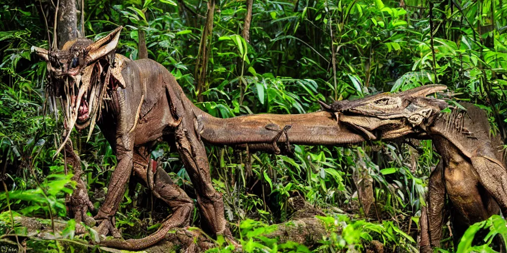 Image similar to yautja predator in sri lankan jungle, next to a river, extremely high fidelity