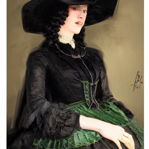 Image similar to a beautiful young woman, pale skin, black long hair, aristocrat, black expensive dress from 1 8 6 0 with green details, oil painting, digital art, studio photo, realistic, artstation, high quality, wild west