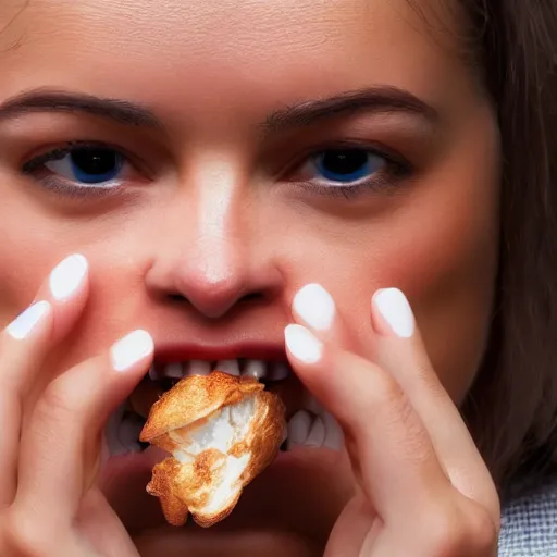 Image similar to A woman eating chicke, close up, realistic, ultra high detail, 8k.