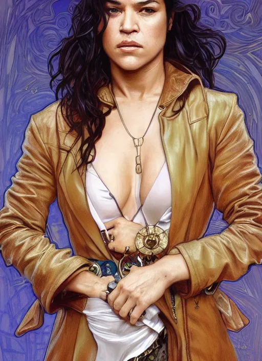 Image similar to Michelle Rodriguez as feisty latino woman wearing coat, portrait, intricate, elegant, highly detailed, centered, digital painting, artstation, concept art, smooth, sharp focus, illustration, art by artgerm and donato giancola and alphonse mucha