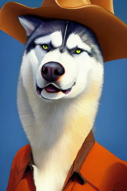Prompt: a portrait painting of a husky in cowboy costume, wearing a cowboy hat, by [ studio ghibli ], trending on artstation