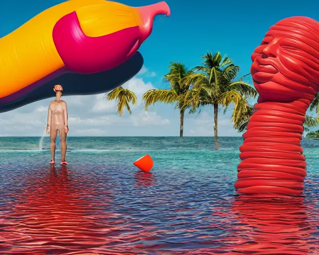 Image similar to a long shot of a giant award winning sculpture made out of a lot of inflatable pool toys in the shape of a human head, on the surface of the ocean, in the style of chad knight, hyper detailed, hyper realistic, ray tracing, 8 k resolution, sharp focus, realistic water