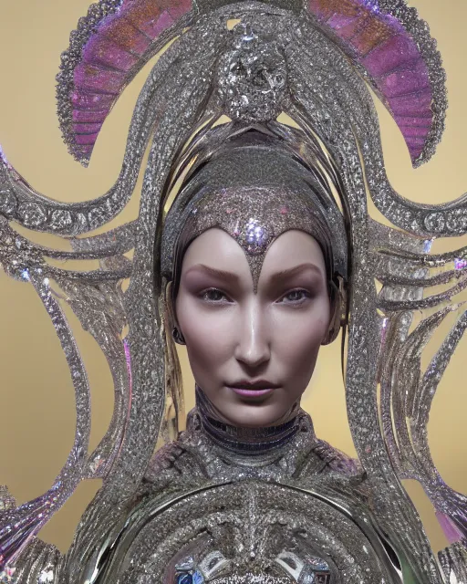 Image similar to a highly detailed metahuman 4 k close up render of an alien goddess bella hadid monument jibaro in iris van herpen dress schiaparelli in diamonds crystals swarovski and jewelry iridescent in style of alphonse mucha gustav klimt trending on artstation made in unreal engine 4