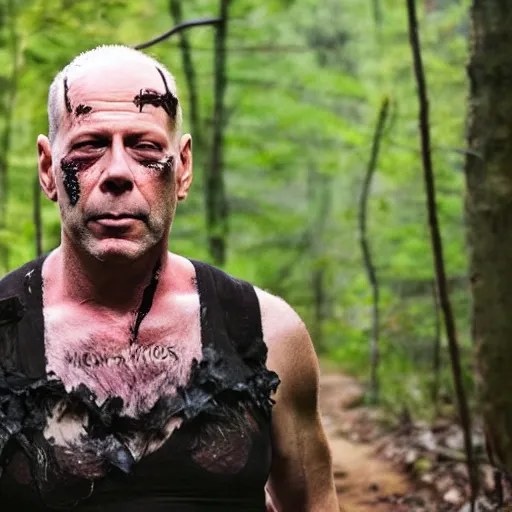 Image similar to drunk Bruce Willis wearing only a punk tutu and make up, lost in the woods, caught on a trail cam