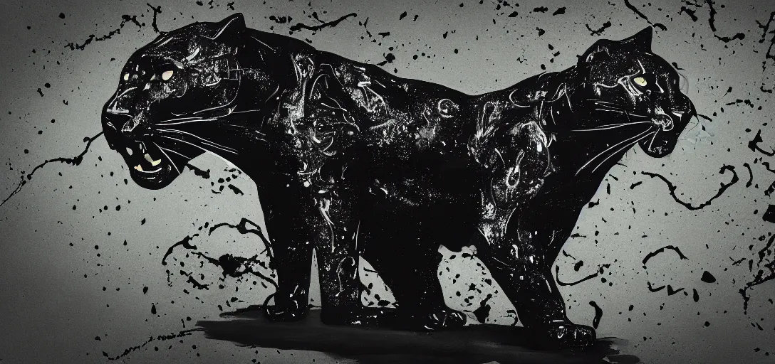 Prompt: a panther, made of tar, sticky, full of tar, covered with tar, dripping tar, dripping tar, splattered tar, sticky tar. concept art, reflections, black goo, animal drawing, desktop background, in the suburban backyard