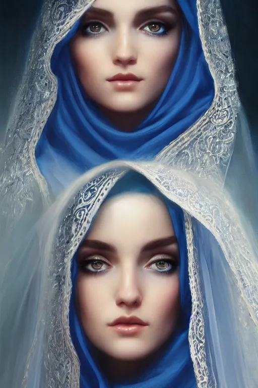 Image similar to arab Ameera al-Taweel, bright blue eyes, long wavy black hair, white veil, closeup, focus face, elegant, highly detailed, centered, oil painting, artstation, concept art by tom bagshaw