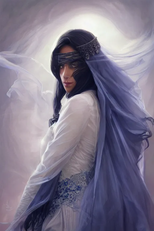 Image similar to back portrait of Ameera al-Taweel, blue eyes, long wavy black hair, fierce look, white veil, closeup, focus face, elegant, highly detailed, centered, digital painting, artstation, concept art, art by artgerm and donato giancola and Joseph Christian Leyendecker, Ross Tran, WLOP