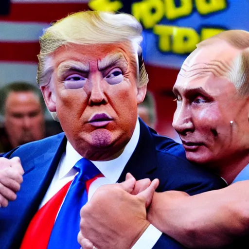 Prompt: donald trump wrestle and suplex against vladimir putin, wrestling ring, vivid, colorful