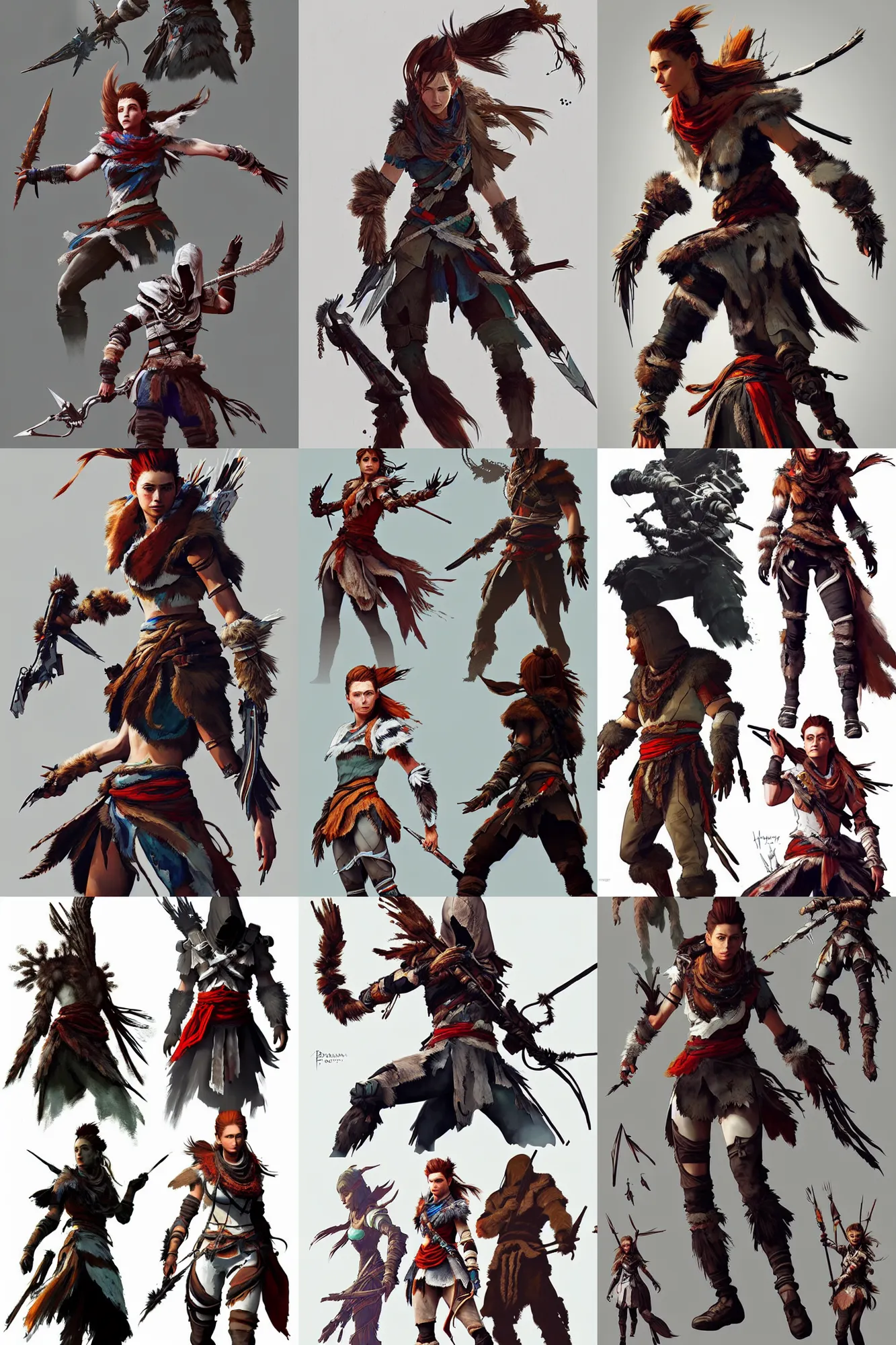 Prompt: detailed pencil spot illustrations of various character concepts from the horizon zero dawn 2 and assassin's creed 2 videogames crossover, various poses, by bridgeman, by burne hogarth, by conrad roset, by yoshitaka amano, by ruan jia, cgsociety, artstation.
