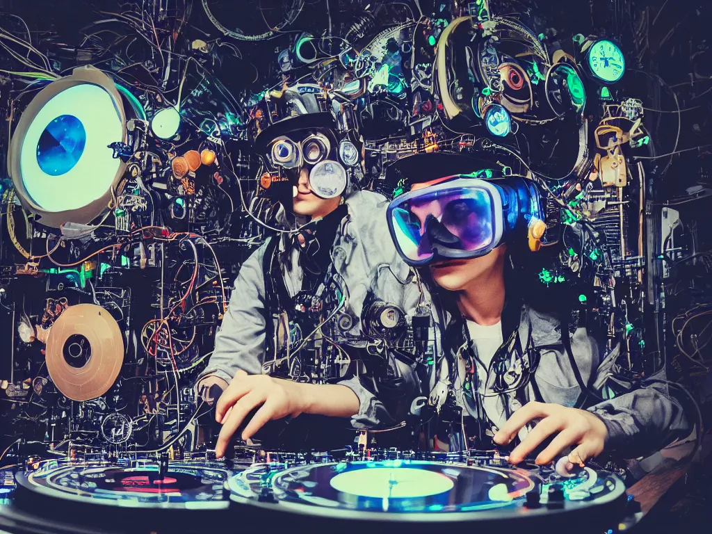 Image similar to a person wearing goggles and visor and headphones using a steampunk record player contraption, wires and tubes, turntablism dj scratching, intricate planetary gears, cinematic, imax, sharp focus, leds, bokeh, iridescent, black light, fog machine, hazy, lasers, hyper color digital art, cyberpunk