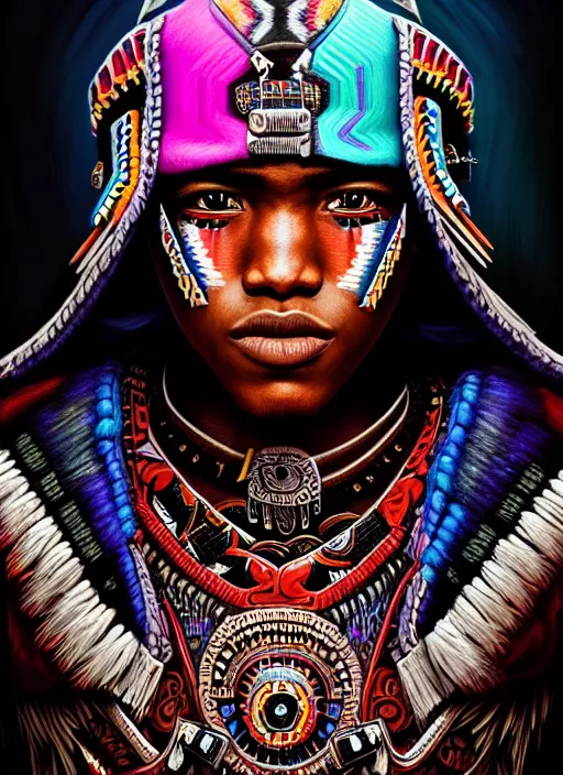 Image similar to portrait of jessie usher, hyper detailed ultra sharp aztec shaman warrior. trending on artstation, warpaint aesthetic, bloodwave, colorful, psychedelic, ornate, intricate, digital painting, concept art, smooth, sharp focus, illustration, art by artgerm and greg rutkowski and h. r. giger, 8 k