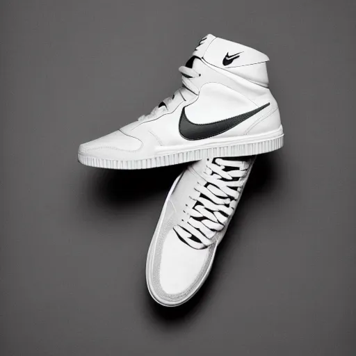 Image similar to a studio photoshoot of A floating Nike high top sneaker designed by Virgil Abloh, leather and suede, Off-White, realistic, color film photography by Tlyer Mitchell, 35 mm, graflex