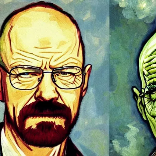 Image similar to a scene from breaking bad featuring walter white painted by van gogh