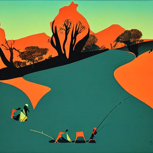 Prompt: eyvind earle desert fishing game