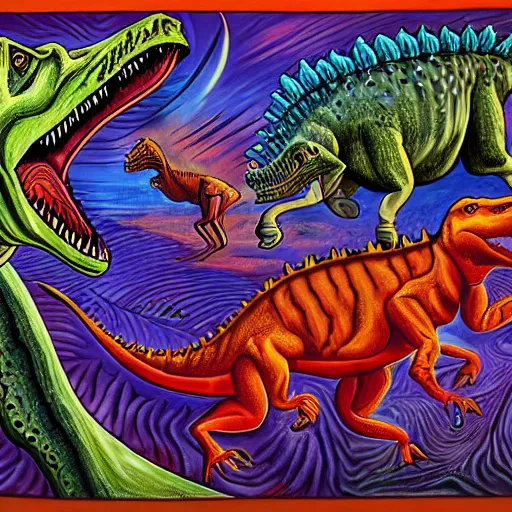 Image similar to painting of the extinction of the dinosaurs with asteroid and fire, in the style of alex grey