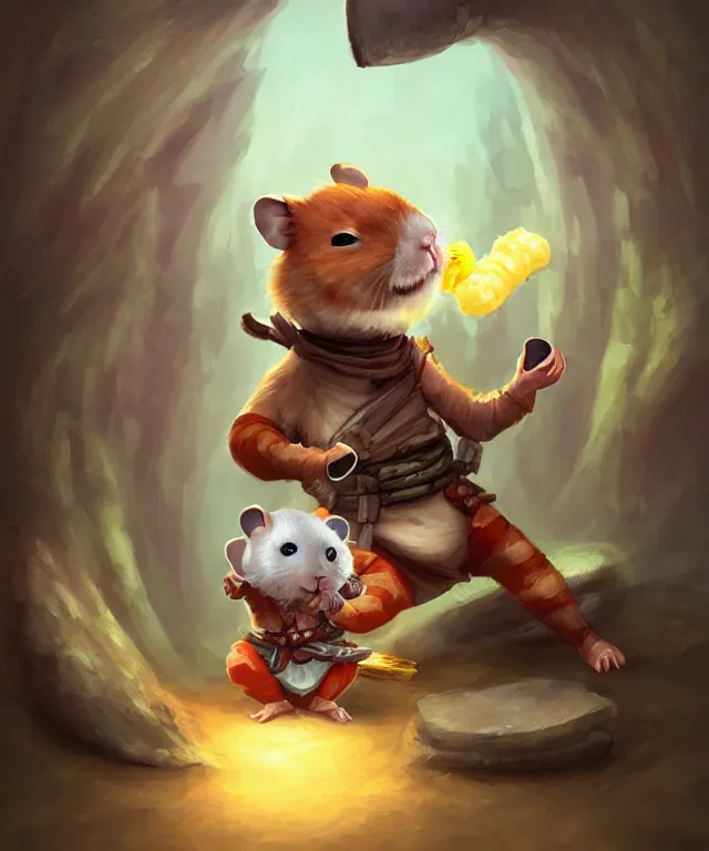Prompt: anthropomorphic hamster ninja eating sushi, ninja outfit, standing in a beautiful landscape, cute and adorable, dnd character art portrait, matte fantasy painting, deviantart artstation, by jason felix by steve argyle by tyler jacobson by peter mohrbacher, cinematic lighting