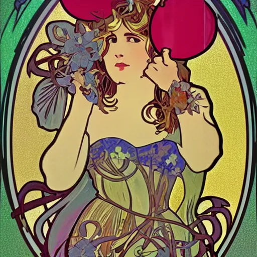 Image similar to balloon pop art in the style of alphonse mucha