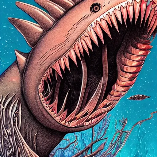 Image similar to android jones illustration of a shark, alien mouth