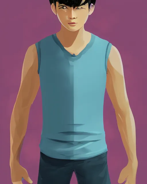 Image similar to Young male Asian protagonist wearing a sleeveless shirt and a big pregnant belly, artstation, concept art