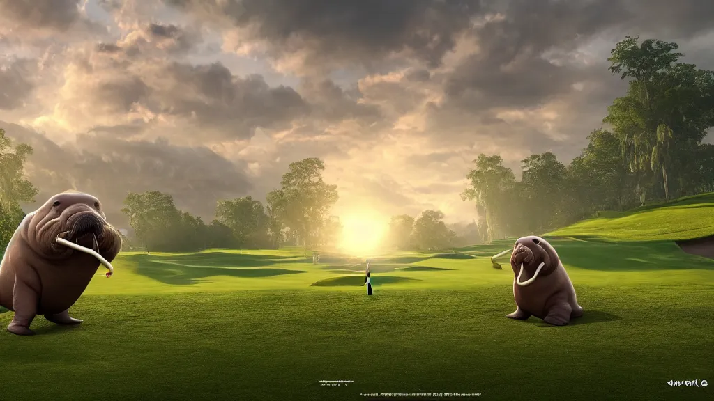 Image similar to a walrus on a golf course, fantasy artwork, hd, hdr, ue 5, ue 6, unreal engine 5, cinematic 4 k wallpaper, 8 k, ultra detailed, high resolution, artstation, award winning