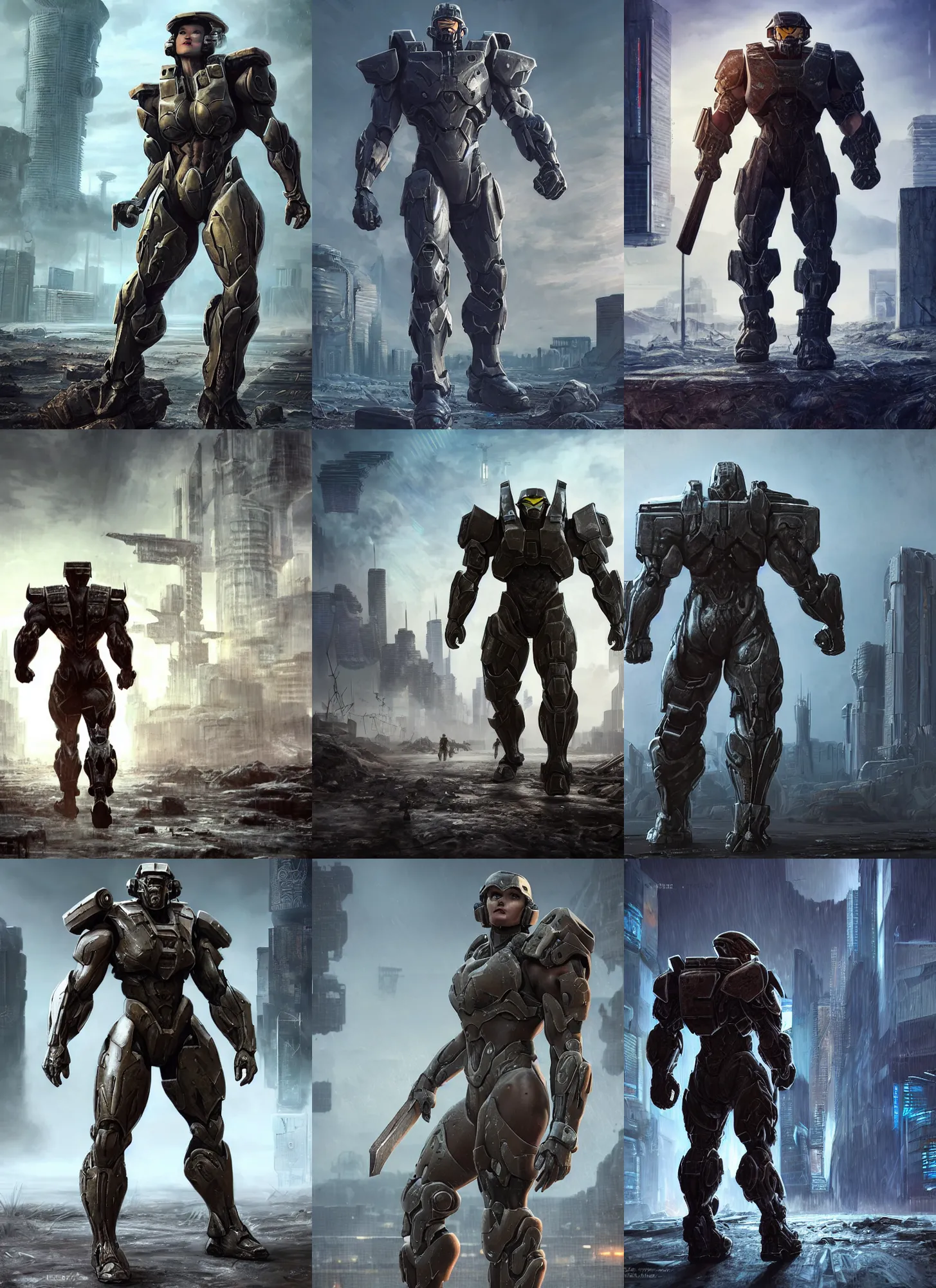 Prompt: a big muscular body builder warrior in walking across a cyberpunk wasteland, mjolnir mk 6 armor from halo infinite, attractive female face, enhance face, symmetrical face details, ultra realistic, very highly detailed, 8K, octane, Digital painting, concept art, illustration, rule of thirds, sharp focus, facing camera, centered, good value control, realistic shading