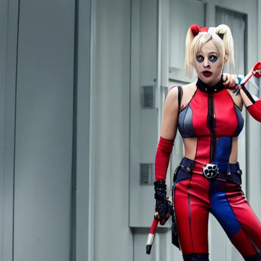 Image similar to A still of Kaley Cuoco as Harley Quinn