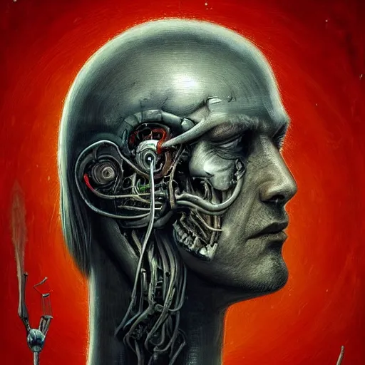 Image similar to surreal portrait of a man by Greg Rutkowski and H.R Giger, he is about 30 years old, messy long black hair, tired appearance, roman nose, peaceful but sad and resigned expression, martyred as a biomechanical transhuman cyborg god, eyes glow electric blue, cosmic void background, frightening, fascinating, highly detailed portrait, digital painting, book cover, artstation, concept art, smooth, sharp foccus ilustration, Artstation HQ.