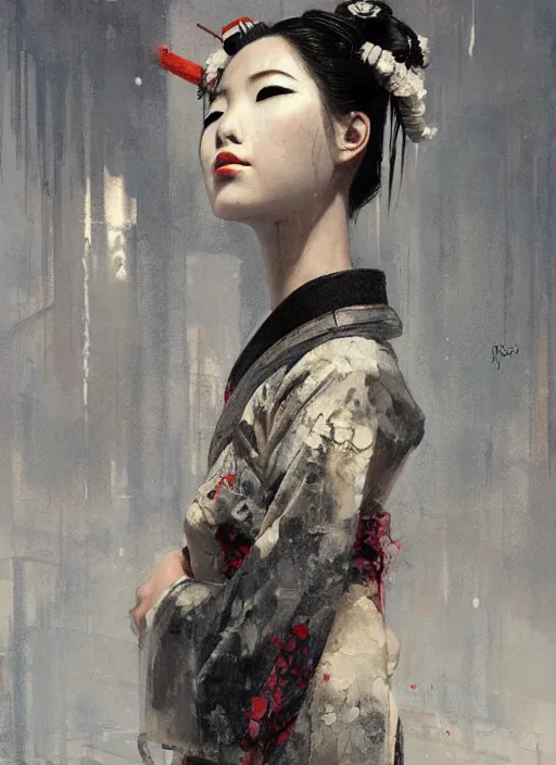 Prompt: female robot geisha girl, beautiful face, rule of thirds, intricate outfit, backlit, by greg rutkowski, by jeremy mann, digital painting