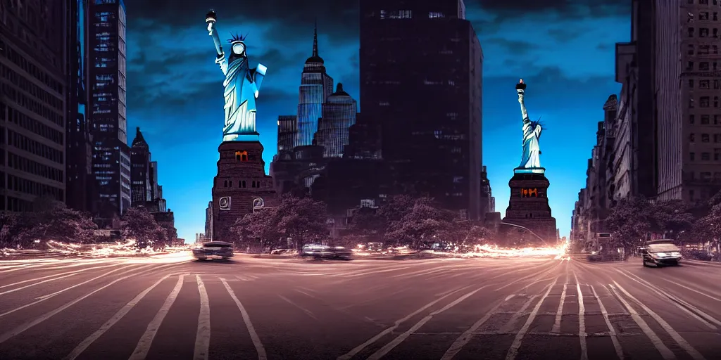 Image similar to an open frame blue tuk tuk going through a desolate manhattan city street at night, statue of liberty seen in the background, realistic 4 k octane beautifully detailed render, 4 k post - processing, highly detailed, detailed face, intricate complexity, epic composition, magical atmosphere, cinematic lighting, masterpiece, color picture, ultra hd