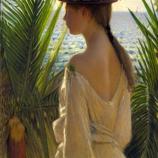 Image similar to a ultradetailed beautiful painting of a girl in the amazonas palace balustrade designed by jules bastien - lepage, hans belmer, frank weston and gustave baumann, beach, trending on artstation, mediterranean, palm trees, refracted color sparkles, sharp focus, soft light, 8 k 4 k