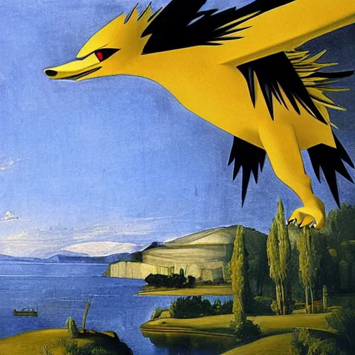 Prompt: Zapdos flying above a lake painted by Caravaggio. High quality.