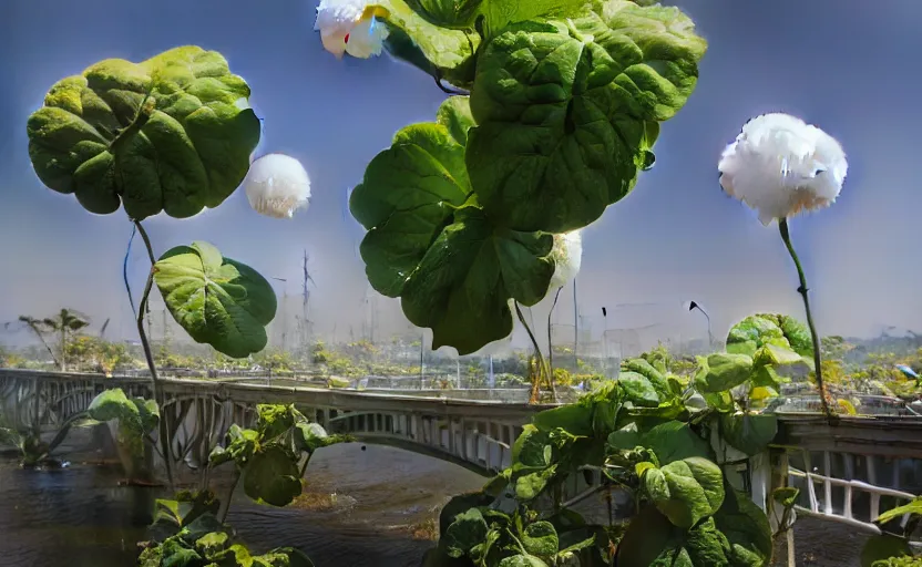 Prompt: explosions in the form of realistic cotton plants on harbour bridge, huge cotton plants everywhere, smooth, sharp focus, highly detailed, 3 d octane render, epic lighting, crazy atmosphere, lots of cotton plants, 8 k, by goro fujita