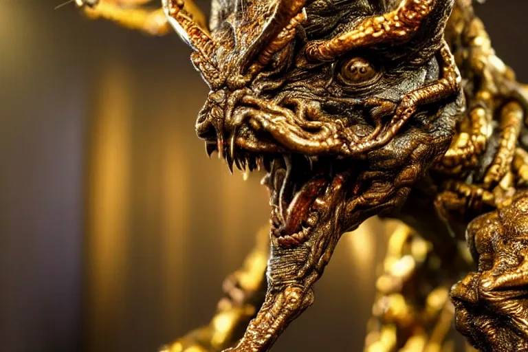 Image similar to photo taken of an epic intricate, ultra detailed, super realistic sculpture of a nightmarish hellish demonic creature on display in a workshop, created by weta workshop, zoomed in shots, photorealistic, sharp focus, f 0. 4, face centred, macro photography, golden ratio, golden hour