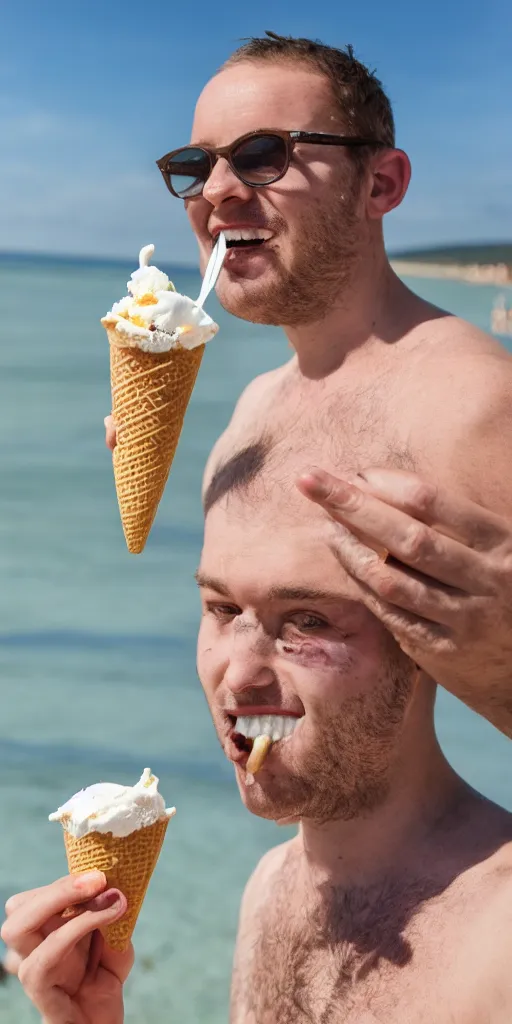 Prompt: a 3 0 year old british man eating ice cream at the beach