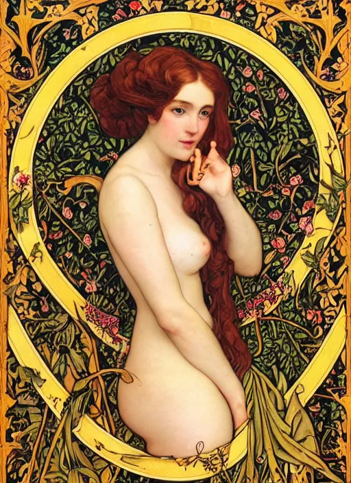 Image similar to masterpiece beautiful seductive flowing curves pinup pose preraphaelite portrait photography, extreme closeup face shot, straight bangs, thick set features, yellow ochre ornate medieval dress, amongst foliage mushroom forest arch, circle, william morris and kilian eng and mucha, framed, 4 k